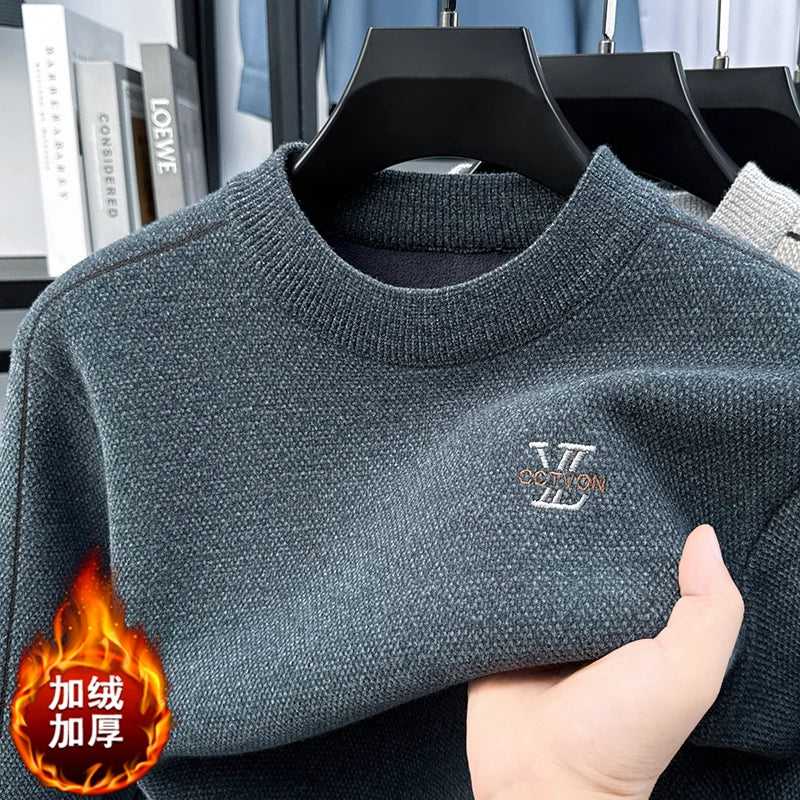 Suéter de Hombre Cuello Redondo Grueso de Invierno Color Sólido