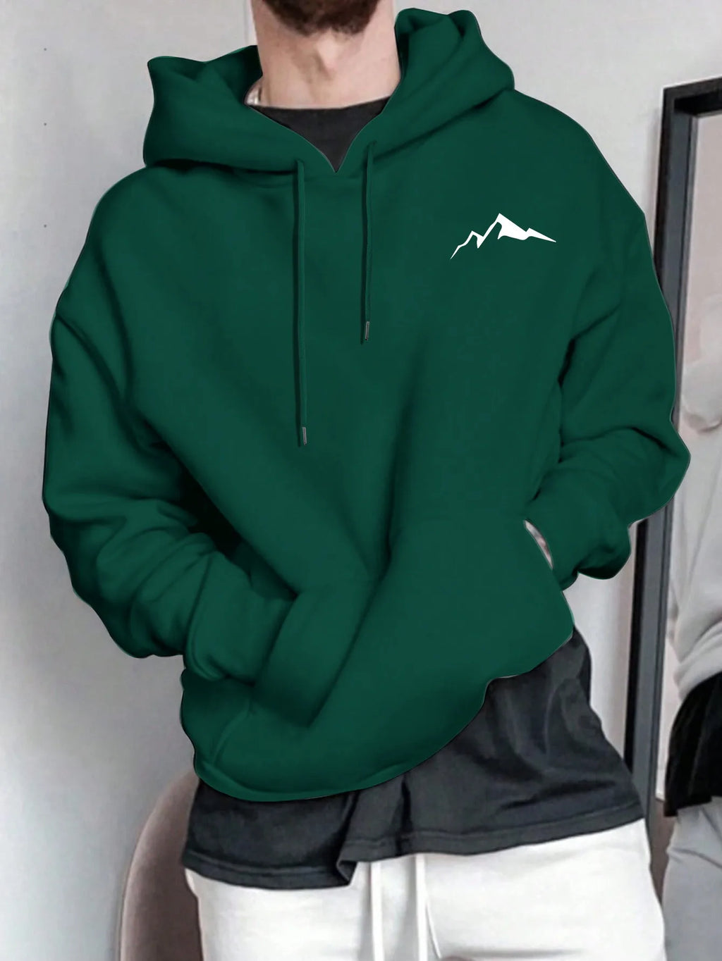 Sudadera con capucha de manga larga con estampado gráfico de montaña, informal, holgada, para hombre, de otoño e invierno, cálida.