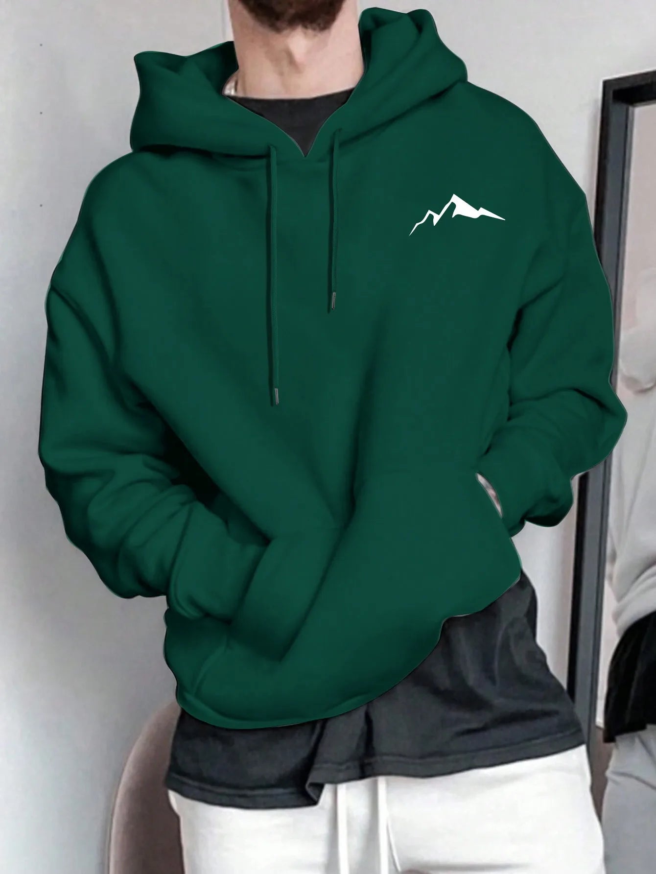 Sudadera con capucha de manga larga con estampado gráfico de montaña, informal, holgada, para hombre, de otoño e invierno, cálida.