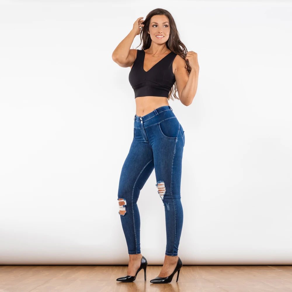 Jeggings Azul Lavado con Rasgado y Realce de Glúteos, Cintura Media