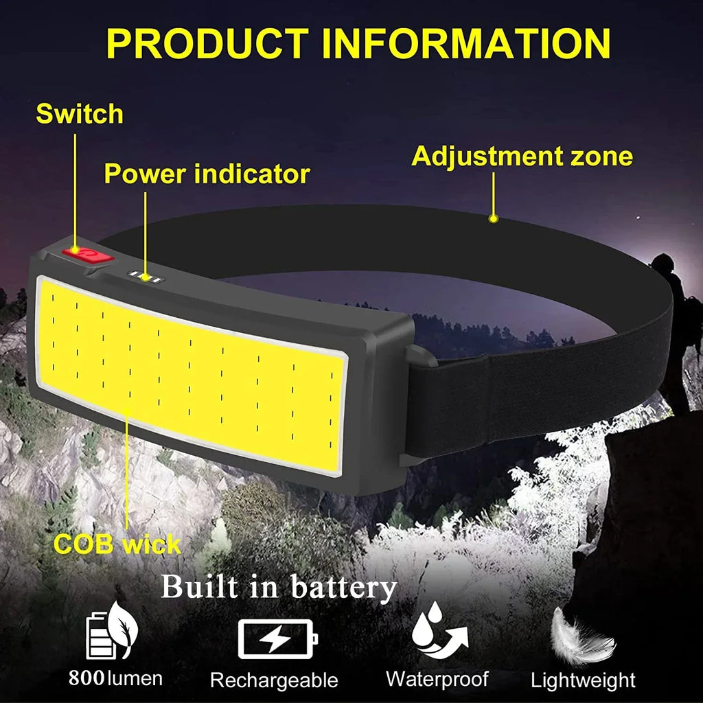 Linterna Frontal LED COB Portátil Recargable USB Resistente al Agua Camping
