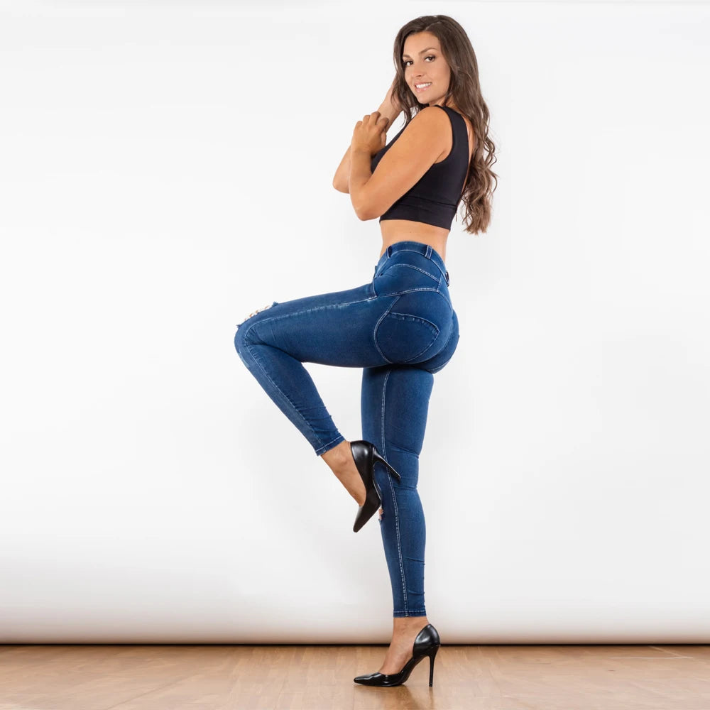 Jeggings Azul Lavado con Rasgado y Realce de Glúteos, Cintura Media