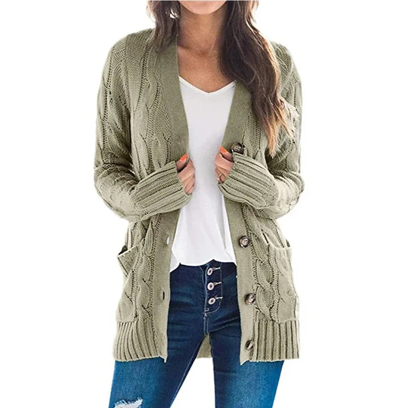 Cárdigan de punto de manga larga para mujer, suéter holgado con una hilera de botones de Color sólido y cuello de pico, prendas de vestir de talla grande S-3XL 2024