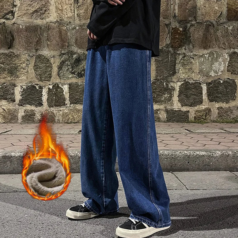 Pantalones Vaqueros Y2K para Hombre, Pierna Ancha, Forro de Terciopelo