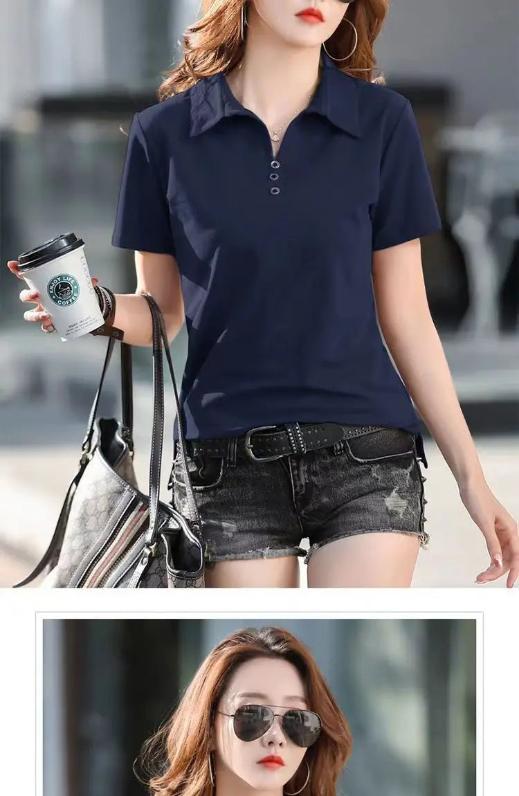 Camiseta Polo Femenina Estilo Coreano de Primavera