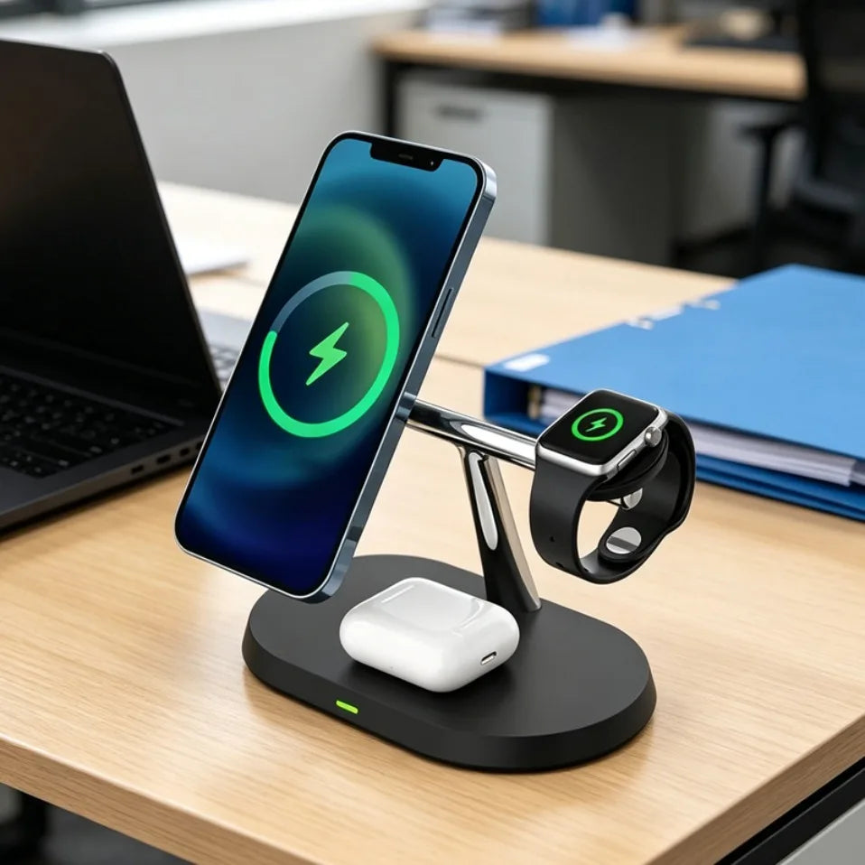 Estación de Carga Inalámbrica Magnética 3 en 1 para iPhone 17 16 15 14 Pro Max, Apple Watch 9 8, Airpods Pro, Base de Carga Macsafe