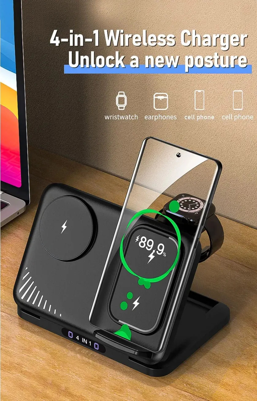 Cargador Inalámbrico 4 en 1 para Dos Teléfonos, Compatible con iPhone 17~12, Samsung S25, Xiaomi, Airpods Pro, Apple Watch 11~2, Carga Rápida Magnética