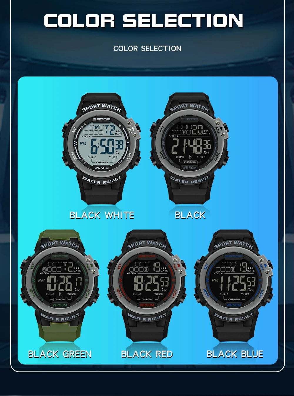 Reloj Digital SANDA 2140 Chrono para Hombre, 5 Bar Multifunción Deportivo