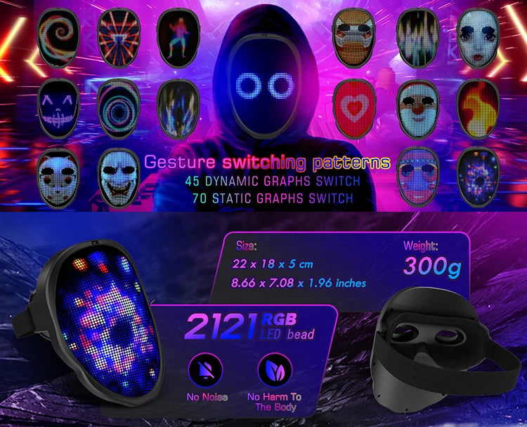 Máscara con luz LED para fiesta, detección de gestos, pantalla inteligente, máscaras faciales LED, programable, Control por aplicación Bluetooth, máscara transformadora