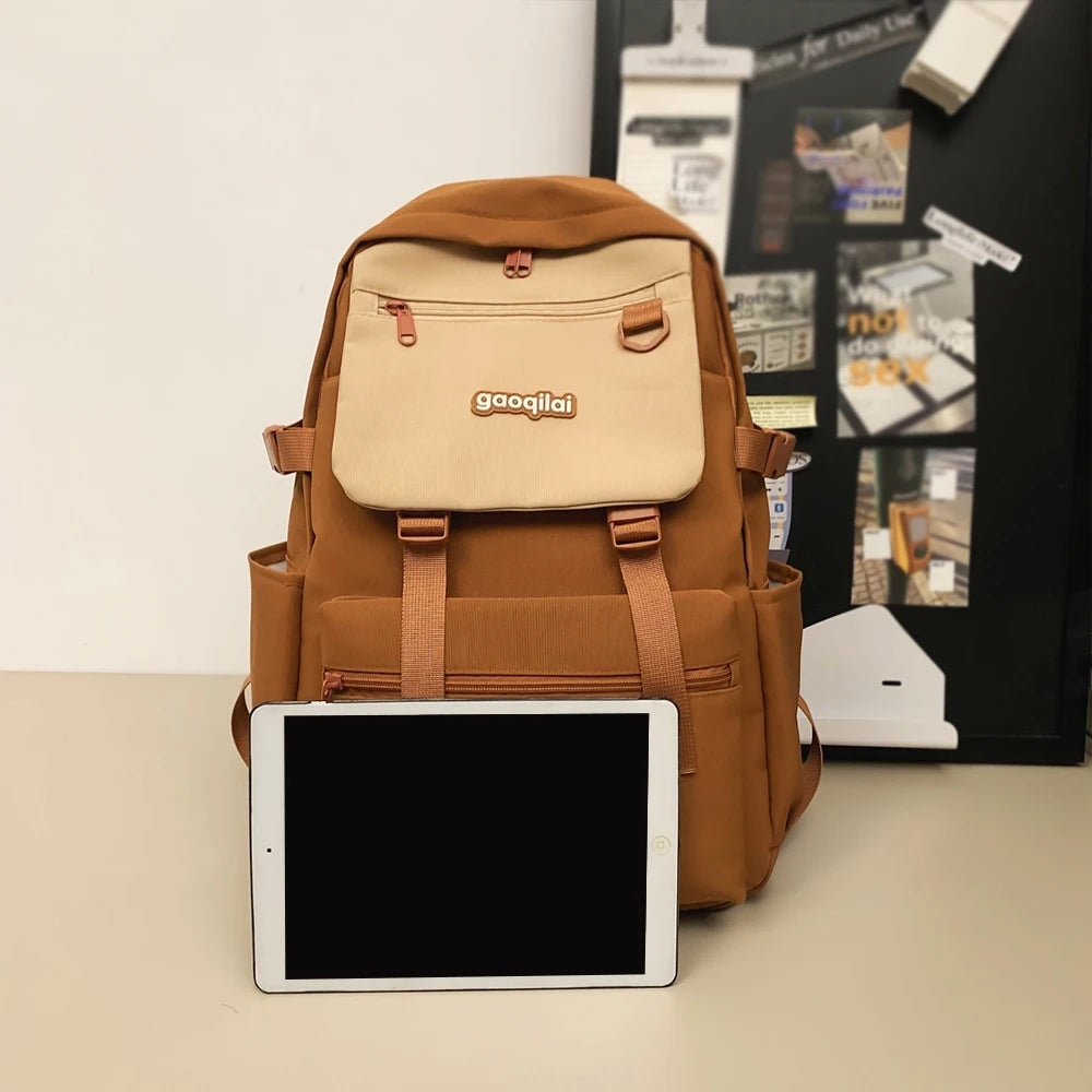 Mochila informal de nailon con bloques de color, mochila escolar de gran capacidad, bolso versátil para uso diario y viajes