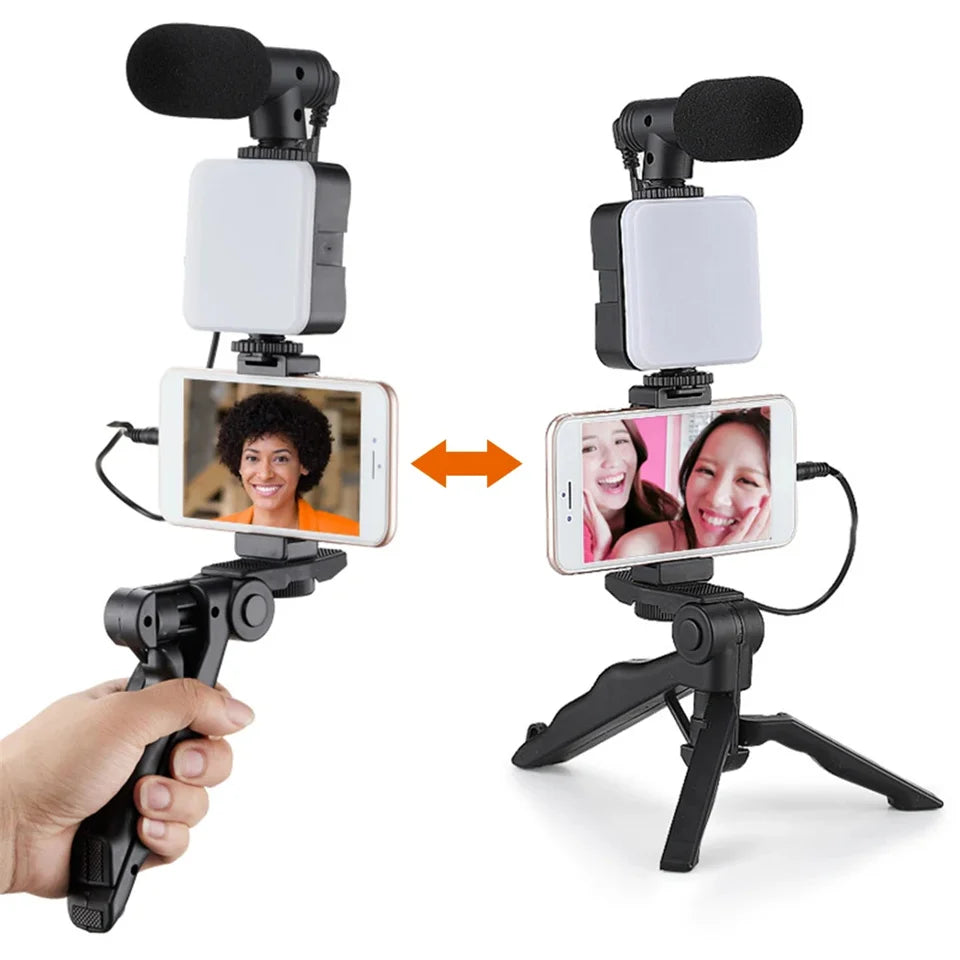 Kit de vlogging para teléfono inteligente con trípode, soporte para teléfono, Mini micrófono, luz de relleno LED, arrancador para TikTok, transmisión en vivo, vídeo, YouTube