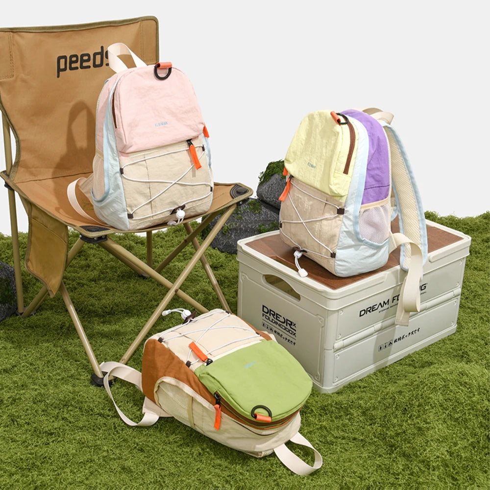 Mini Mochila de Nailon con Bloques de Color, Mochila Ligera con Cordón Elástico, Bolsa Resistente para Senderismo y Uso Diario
