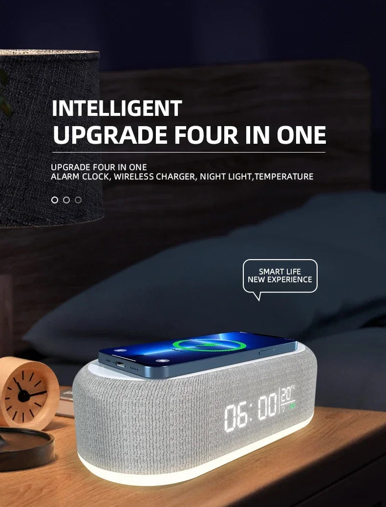 Base de Carga Inalámbrica con Alarma, Lámpara de Noche, Reloj de Escritorio y Termómetro para iPhone 17, 16, 15, 14, 13, con Carga Rápida