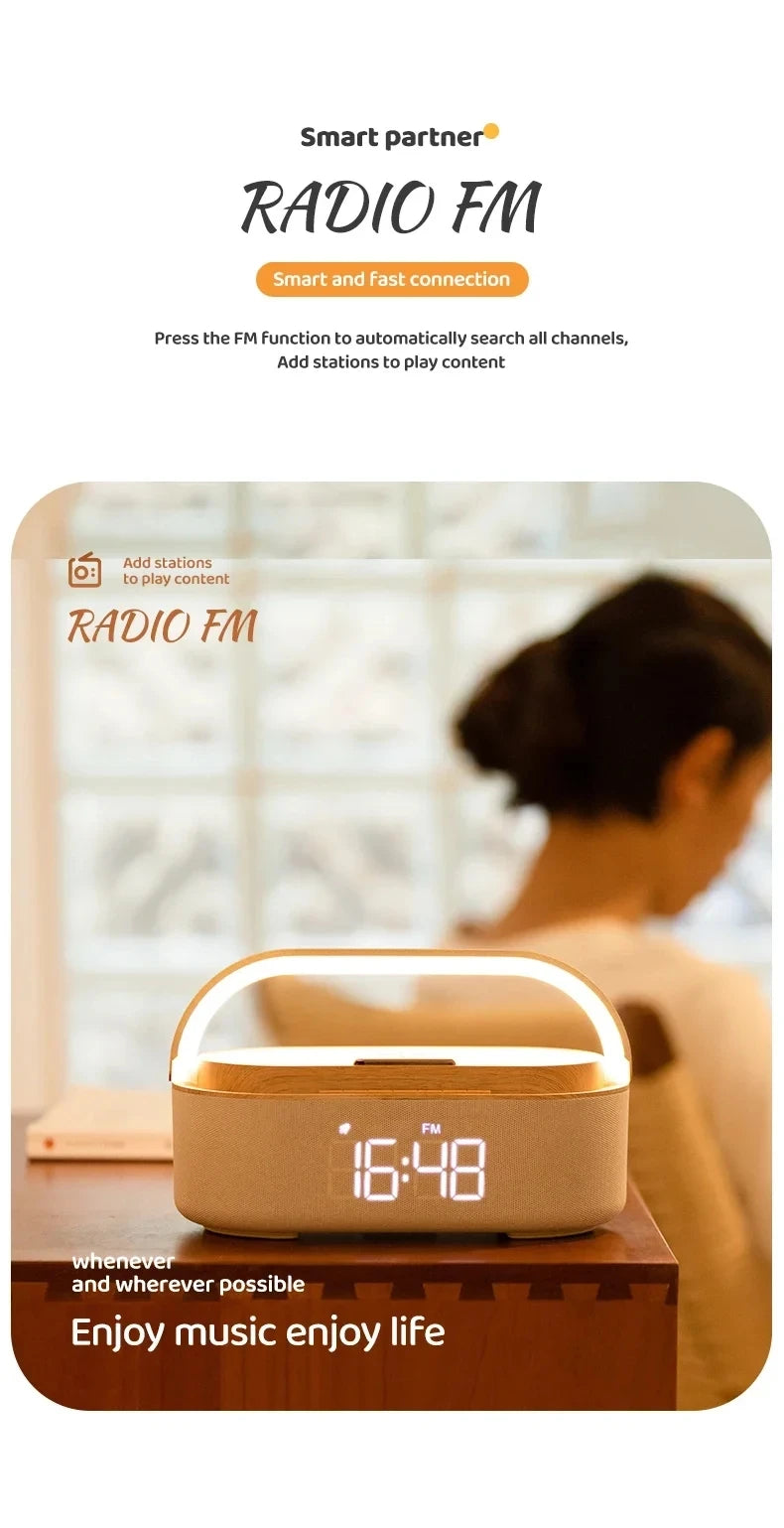 Altavoz Bluetooth portátil con carga inalámbrica, Radio FM, despertador, caja De sonido, música, cargador, lámpara, luz nocturna, Bocina