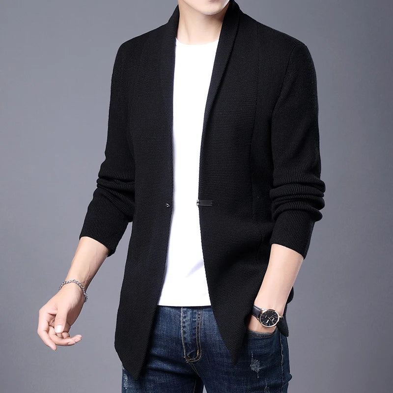 Cárdigan de punto ajustado de lana para hombre, ropa de calle de marca de alta calidad, suéter japonés, abrigos informales, chaqueta, ropa para hombre 2025