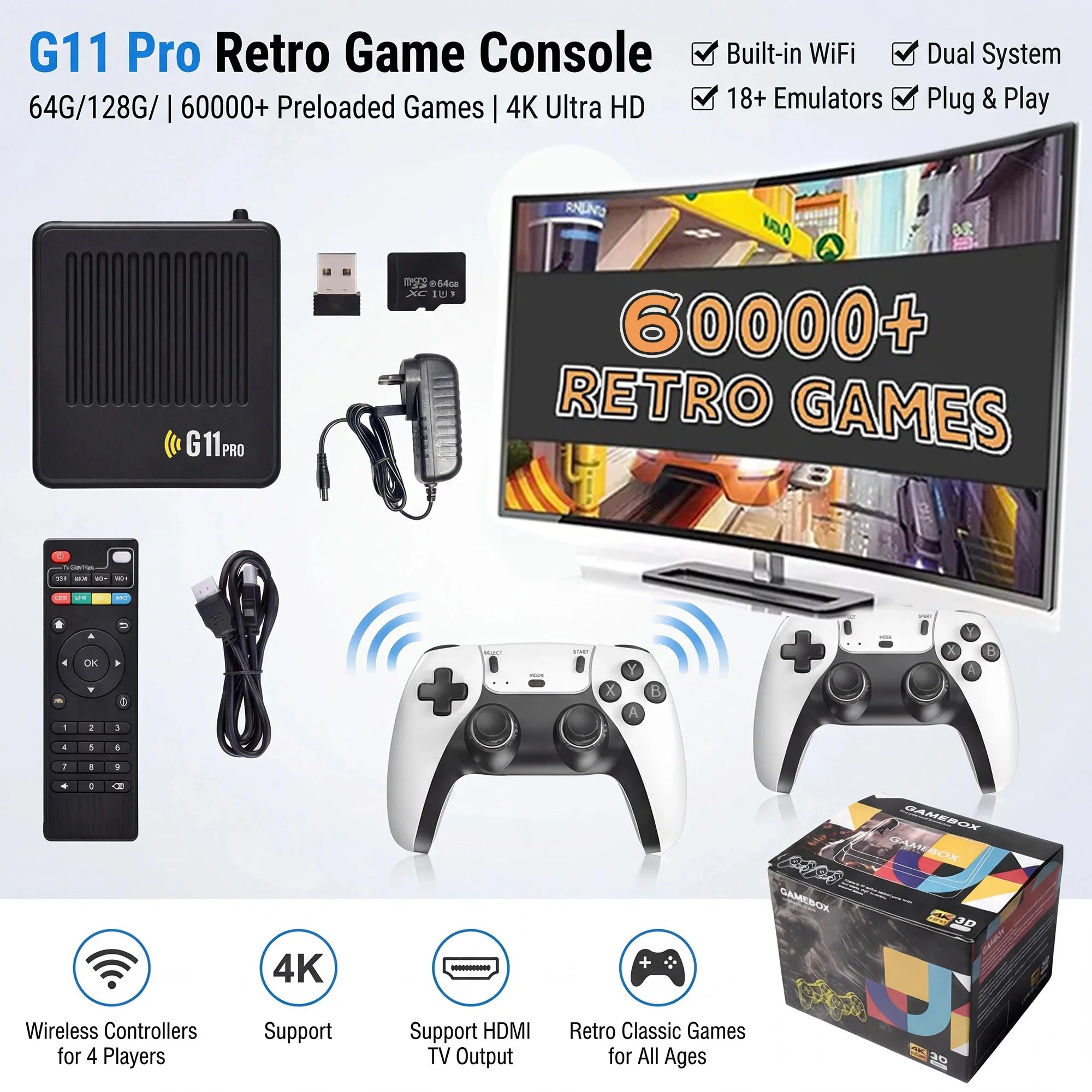 Reproductor multimedia y de juegos portátil G11 PRO 2 en 1 con pantalla 4K HD, chip de rendimiento estable, gran cantidad de juegos clásicos y casuales preinstalados y mandos inalámbricos; ideal para reuniones familiar