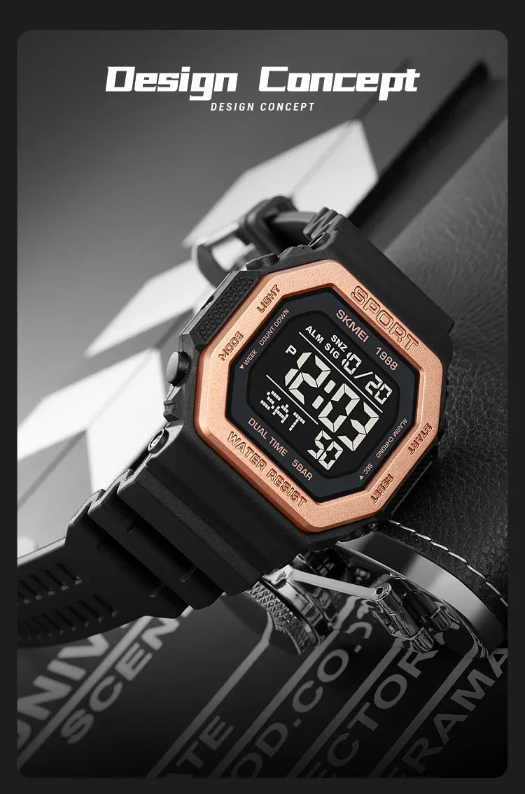 Reloj deportivo Digital SKMEI 1988 para Hombre, pantalla LED, relojes de pulsera militares con cuenta atrás, Reloj impermeable para Hombre 1628
