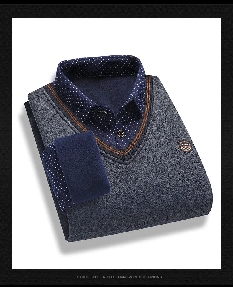 Suéter de felpa para hombre, jersey falso de dos piezas para otoño e invierno, Polo con cuello de lana, Top grueso y cálido, jerséis informales