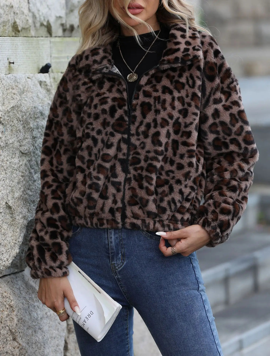 Chaqueta con estampado de leopardo para mujer, abrigo grueso de felpa con capucha, abrigo cálido de manga larga, cárdigan holgado con cremallera suave, cazadora para mujer, otoño e invierno