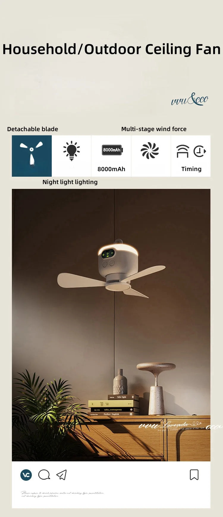 Nuevo ventilador de techo de viento grande recargable por USB, lámpara de noche con aspas extraíbles, iluminación de 8000mAh \ 12000mAh de capacidad, ventilador para exteriores para el hogar