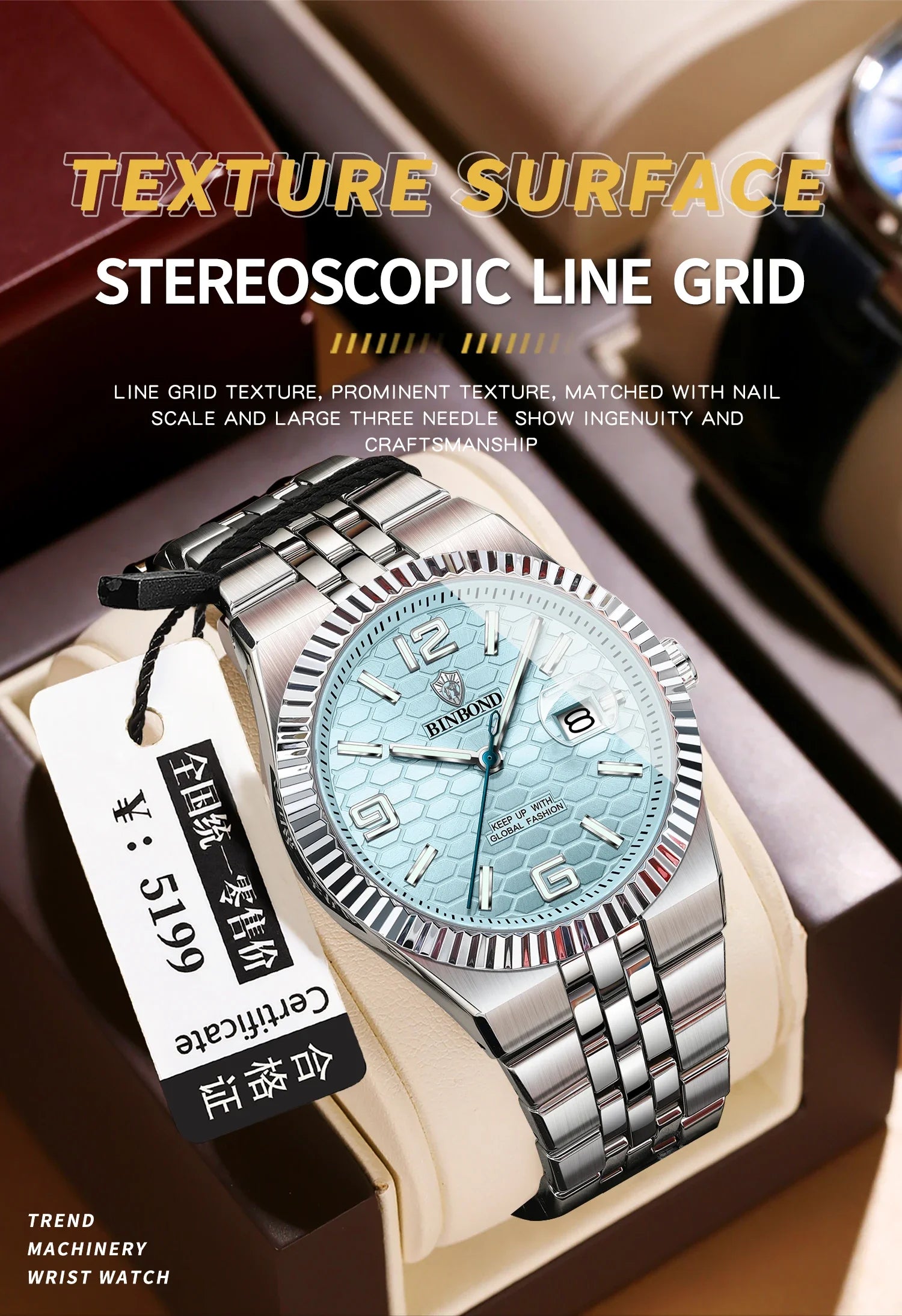Reloj de Cuarzo BINBOND para Hombre, Esfera Luminosa, Acero Inoxidable