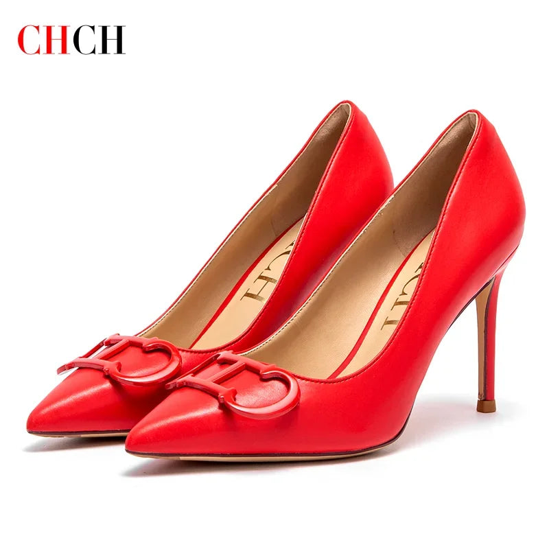 Zapatos de Tacón Alto con Hebilla Metálica y Punta Fina para Mujer 9cm