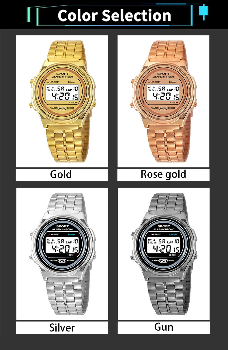 Reloj electrónico LED informal para mujer, reloj de pulsera Retro de acero inoxidable para hombre y mujer, reloj Digital LED multifunción resistente al agua