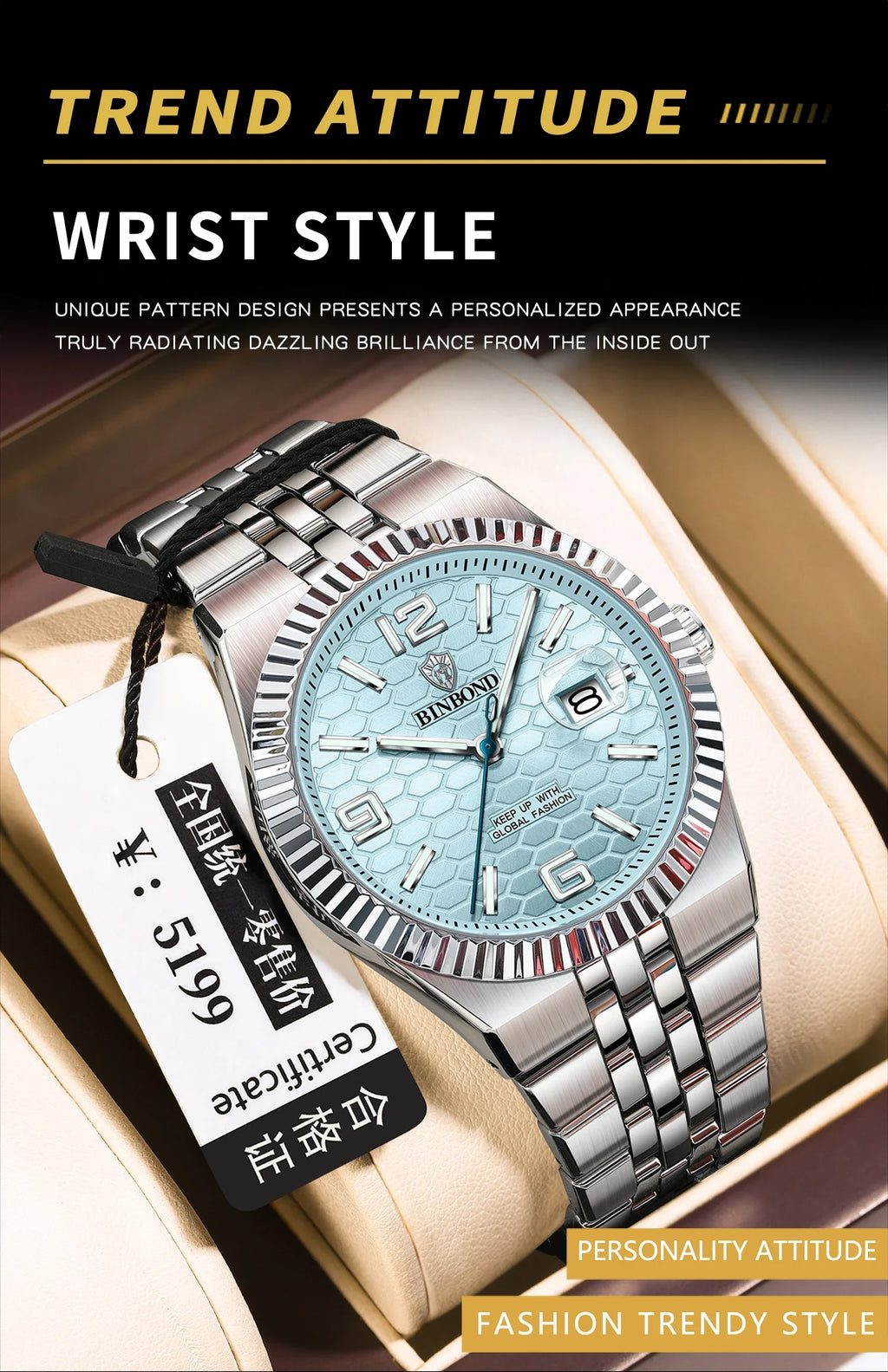 Reloj de Cuarzo BINBOND para Hombre, Esfera Luminosa, Acero Inoxidable