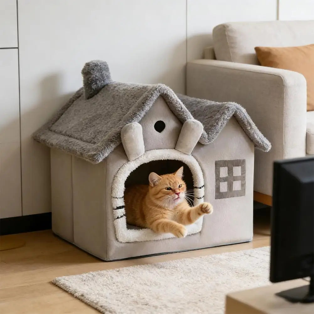 Casa Plegable para Mascotas con Doble Techo y Alfombra Cálida