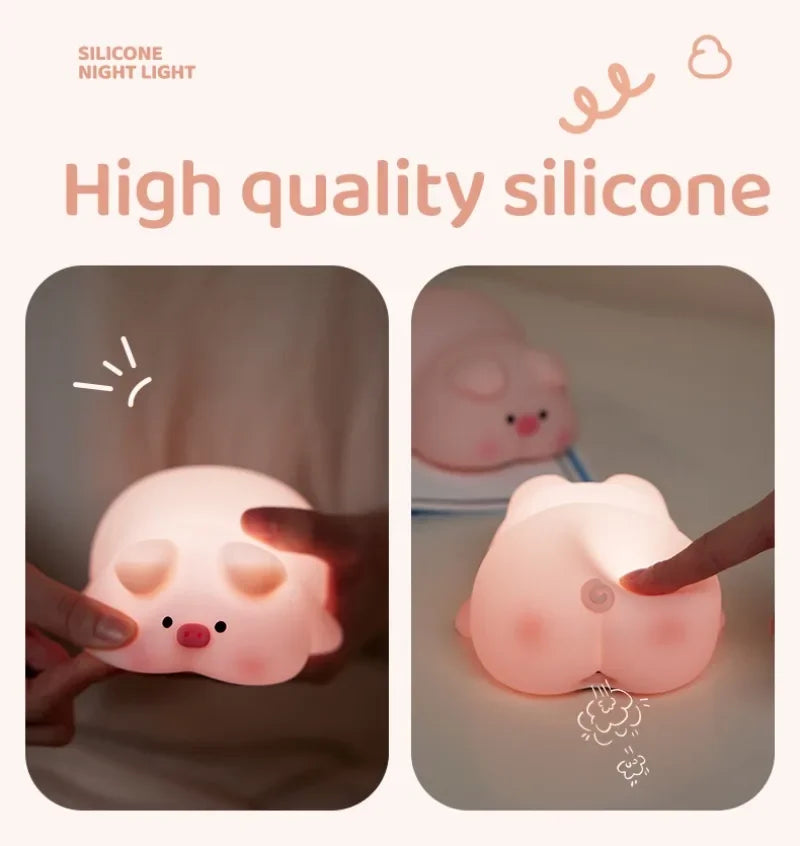 Luz nocturna de cerdito rosa, bonita luz nocturna de silicona, lámpara LED Pat, decoración de habitación, carga USB, lámpara de ambiente interior, regalo para niños