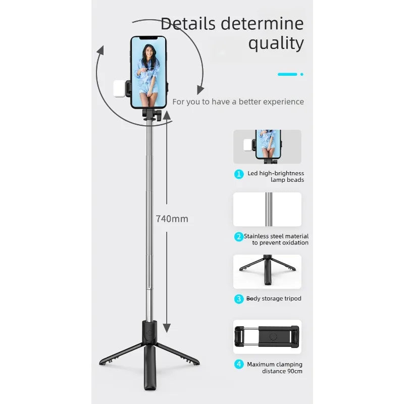 Trípode para selfies con Bluetooth, luz LED y soporte para teléfono