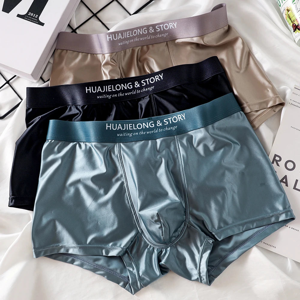 3 unids/pack de Boxers de lujo de seda de hielo tipo satén, calzoncillos de verano lisos y lisos para hombre, bragas con entrepierna de malla transpirable, ropa interior