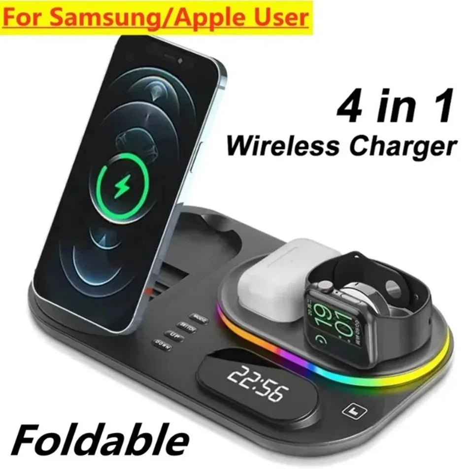 Base de Carga Inalámbrica 4 en 1, Estación de Carga Rápida de 15W para iPhone 12-17, Samsung Galaxy Watch, iWatch, Auriculares Xiaomi