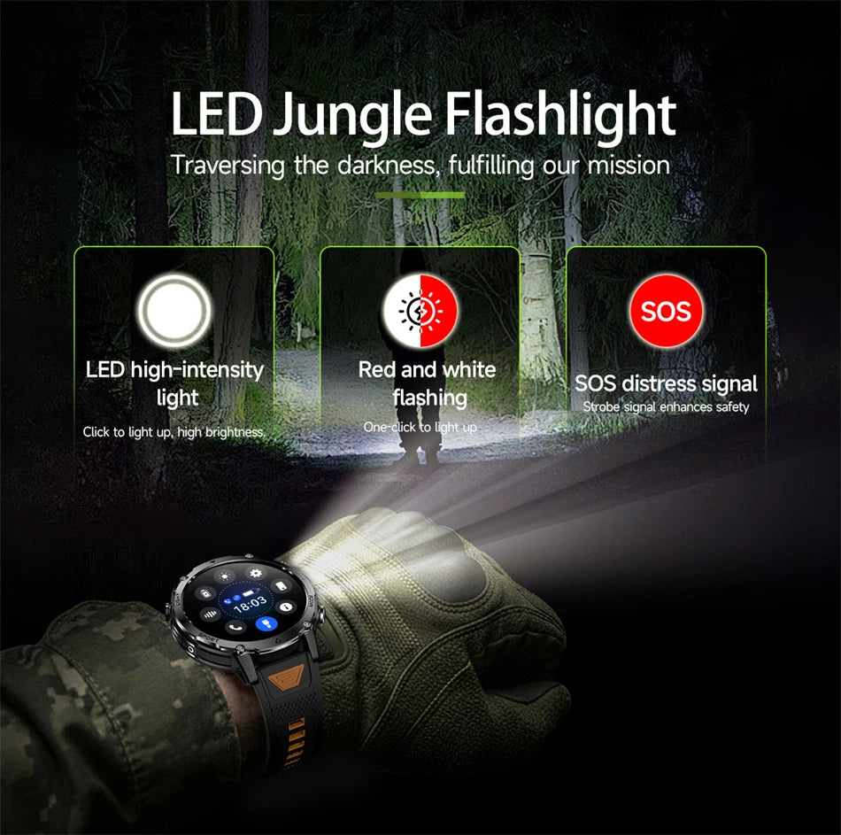 Reloj Inteligente Militar con Linterna Bluetooth 2026