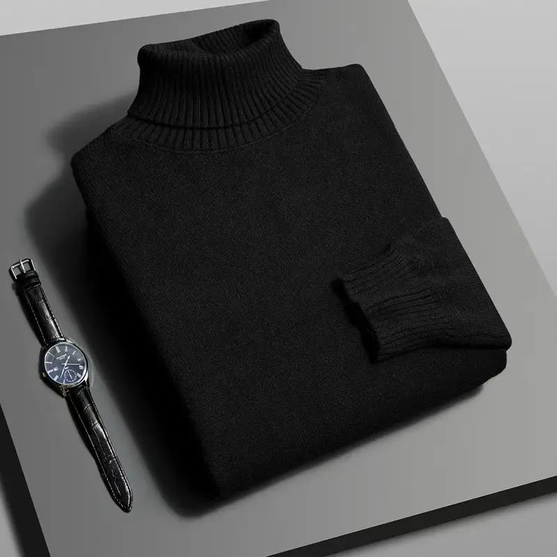 Otoño para hombre de alta calidad de punto suéter de cuello alto ajustado de manga larga anti-pilling jersey Color sólido tendencia hombres Streetwea
