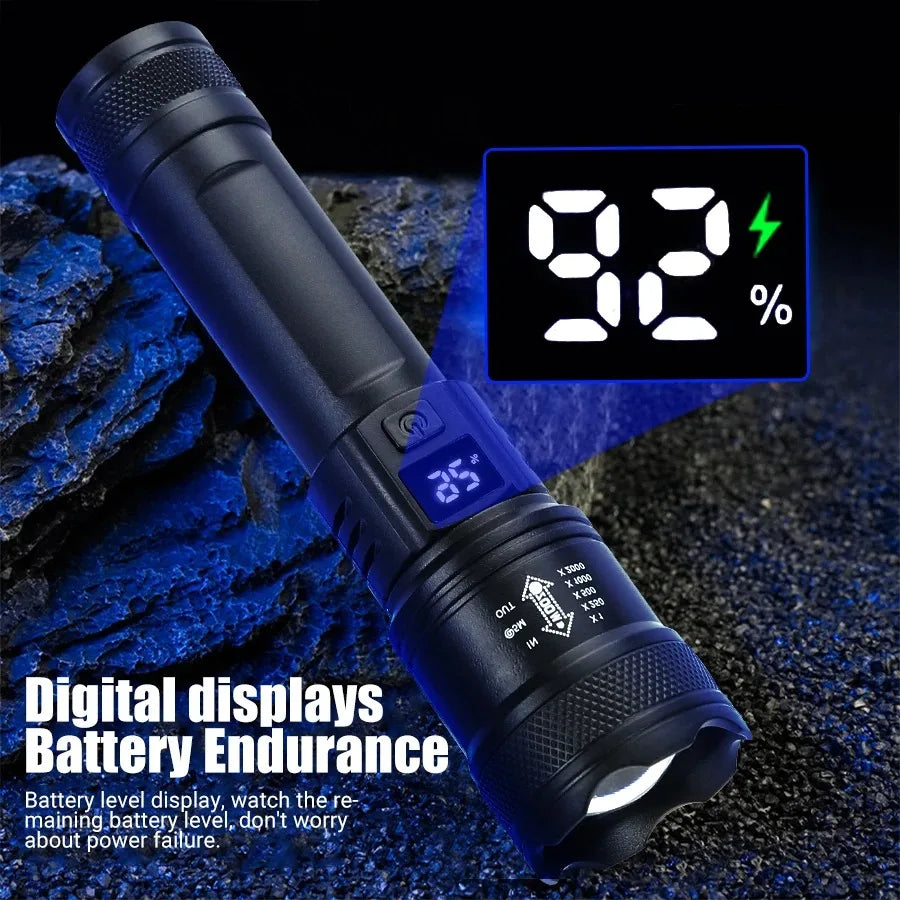 Linterna LED recargable, linterna con zoom de 10000LM, resistente al agua, 5 modos con pantalla LCD, carga para acampar, senderismo, emergencia
