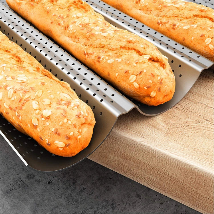 LMETJMA Pan para hornear pan francés perforado antiadherente, sartén Baguette de acero al carbono, pan francés, 4 pan ondulados, molde para hornear pan JT158
