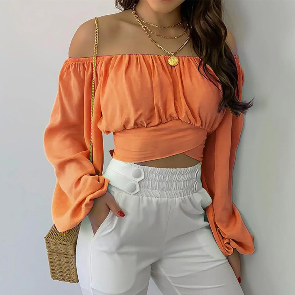 Blusa con Hombros Descubiertos y Lazo de Manga Larga