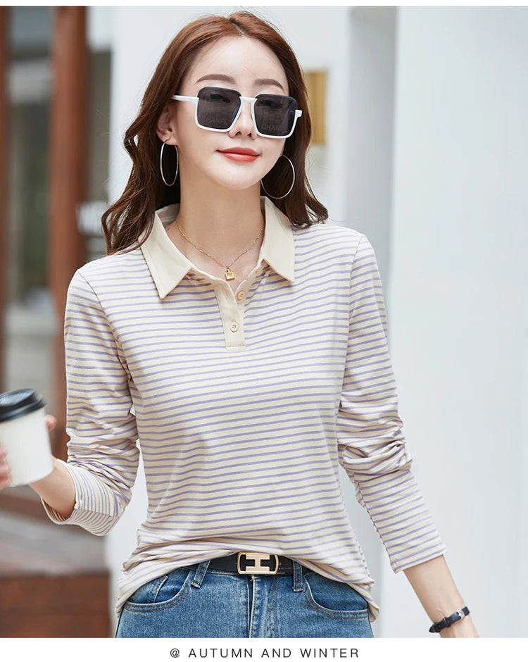 Polo de Manga Larga a Rayas de Estilo Coreano