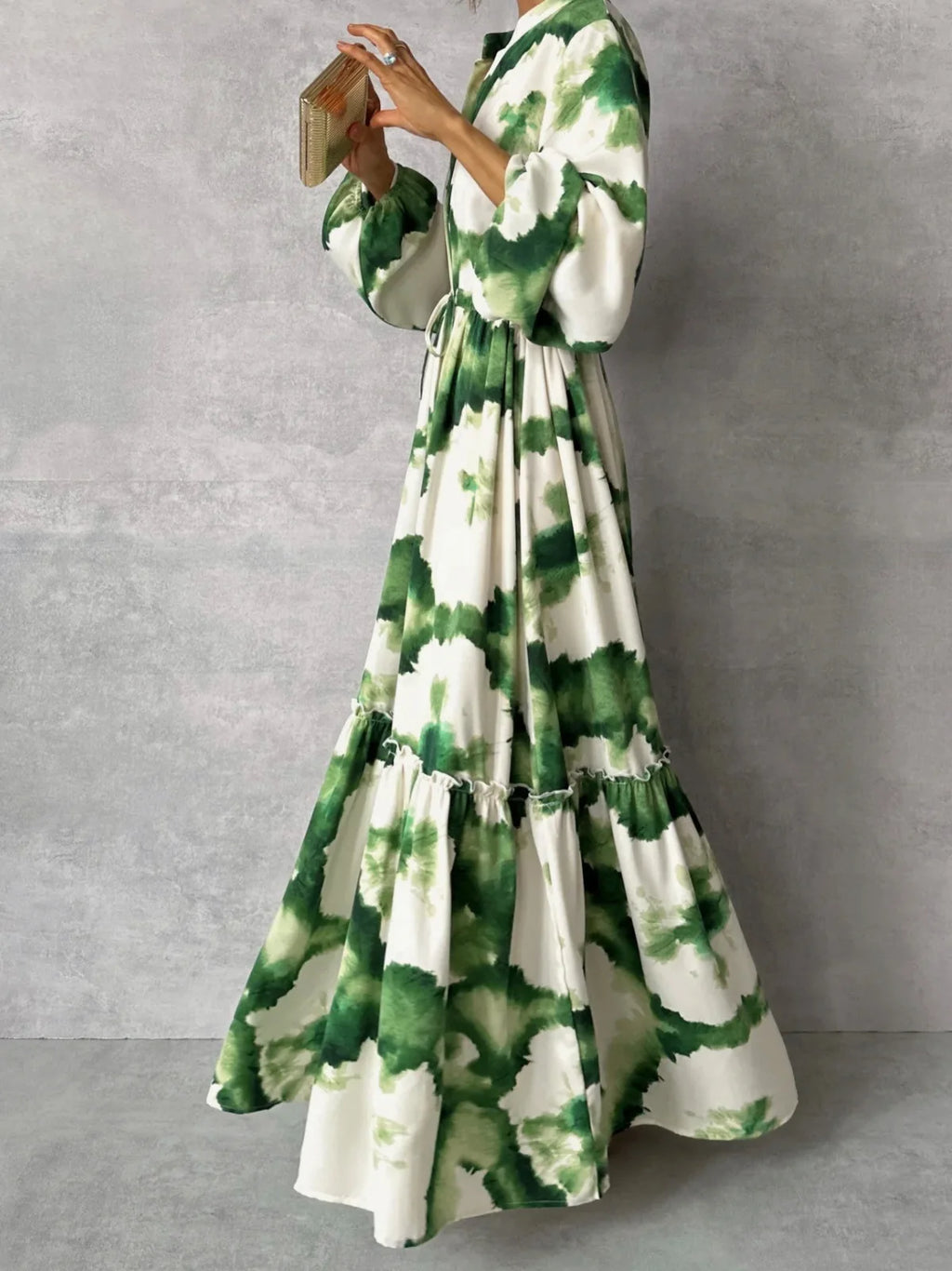 2024 verano elegante mujeres Maxi vestidos moda estampado verde manga larga cuello en V ajuste de cintura Vestido largo Mujer Vestido de fiesta