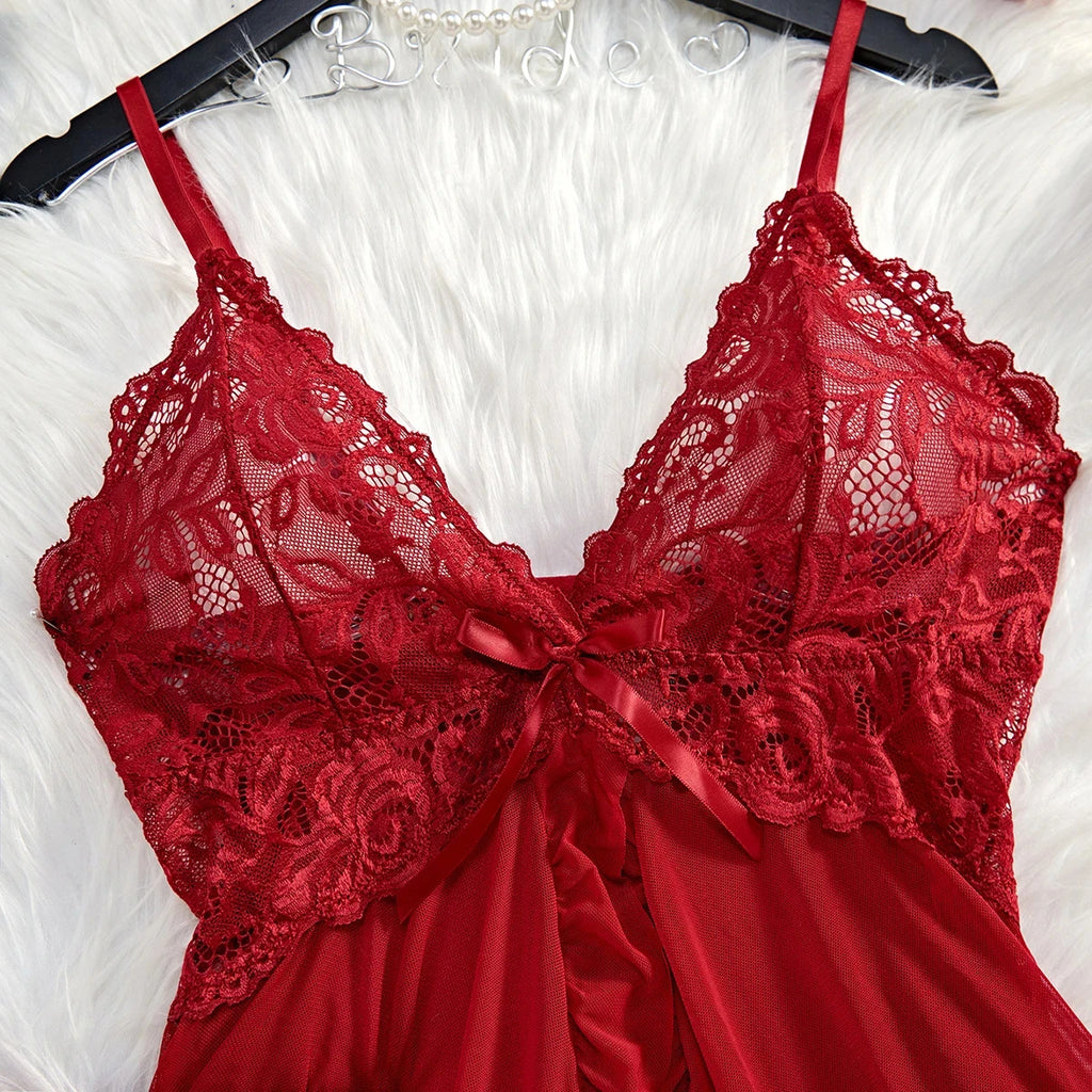 Conjunto de 2 Piezas de Camisón de Encaje para Mujer, Ropa de Dormir Elegante, Nuevo Pijama Verde Nocturno, Camisón Transparente con Abertura, Conjunto de Brasier y Panty con Cuello en V