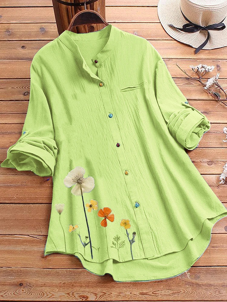Camisa de Cuello Redondo con Botones y Estampado Floral