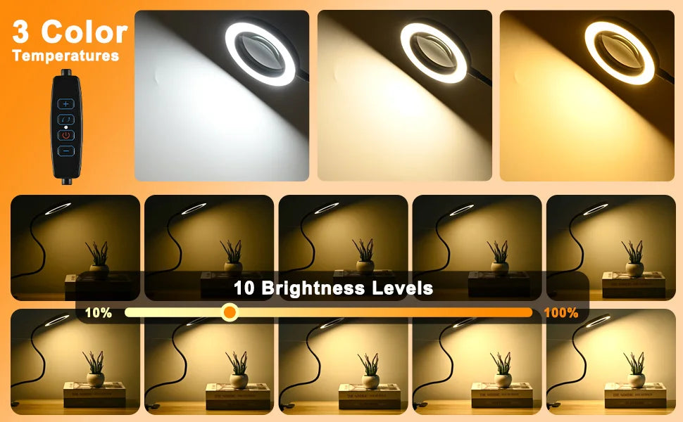 Lupa 5/10X con lámpara de lupa 28/56LED 3 modos de color 10 atenuador de brillo 360 °   Luces flexibles con cuello de cisne (sin adaptador)