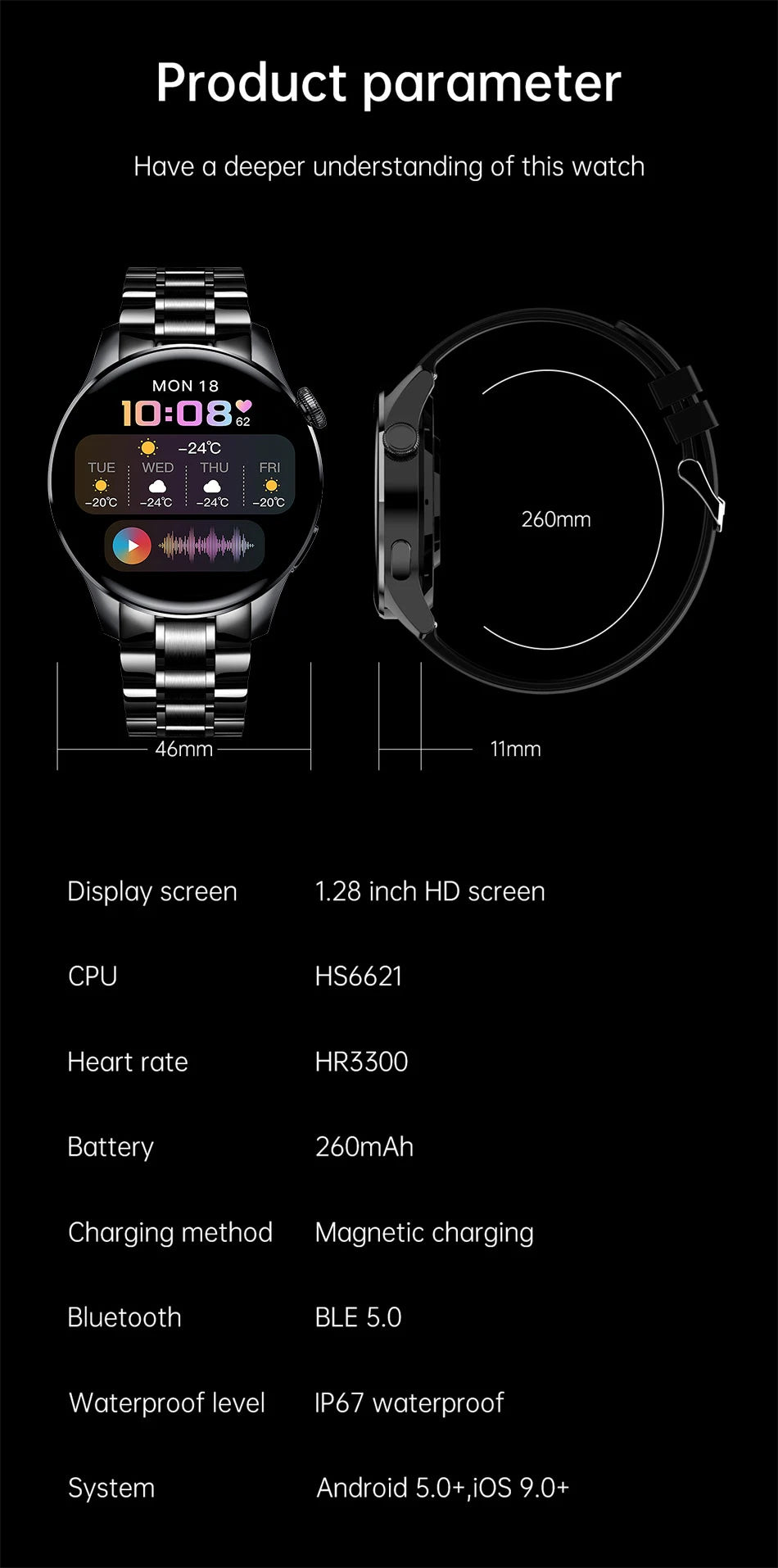 Smartwatch LIGE hombre, llamadas Bluetooth, pantalla AMOLED, resistente al agua