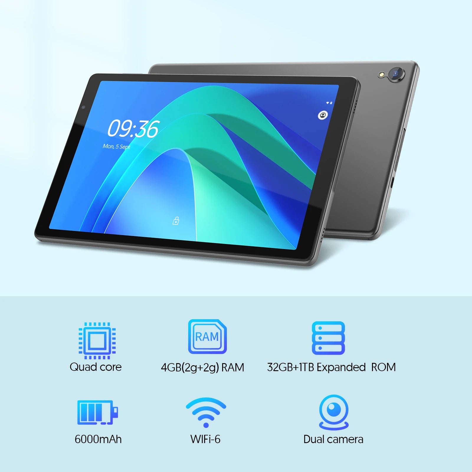 Tableta de 10 pulgadas, Android 14, procesador de cuatro núcleos, 4 GB de RAM (2 GB + 2 GB ampliable), almacenamiento de 32 GB, Wi-Fi, cámaras duales, 6000 mAh