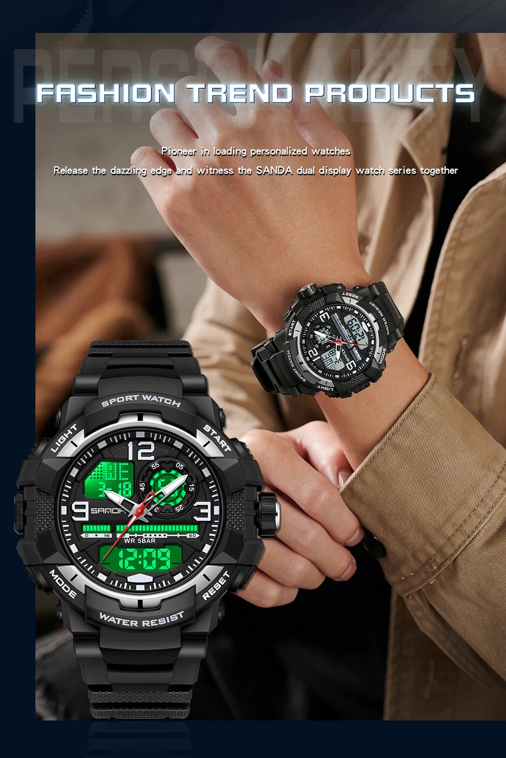 Reloj Deportivo SANDA Doble Pantalla para Hombre con Cronómetro