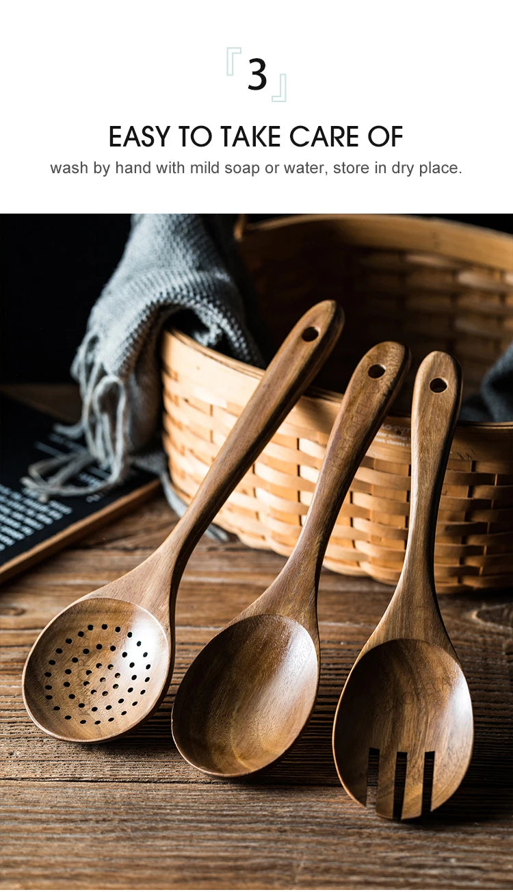 9 cucharas de madera para cocinar, utensilios de madera para cocinar con soporte para utensilios, juego de utensilios de cocina de madera de teca