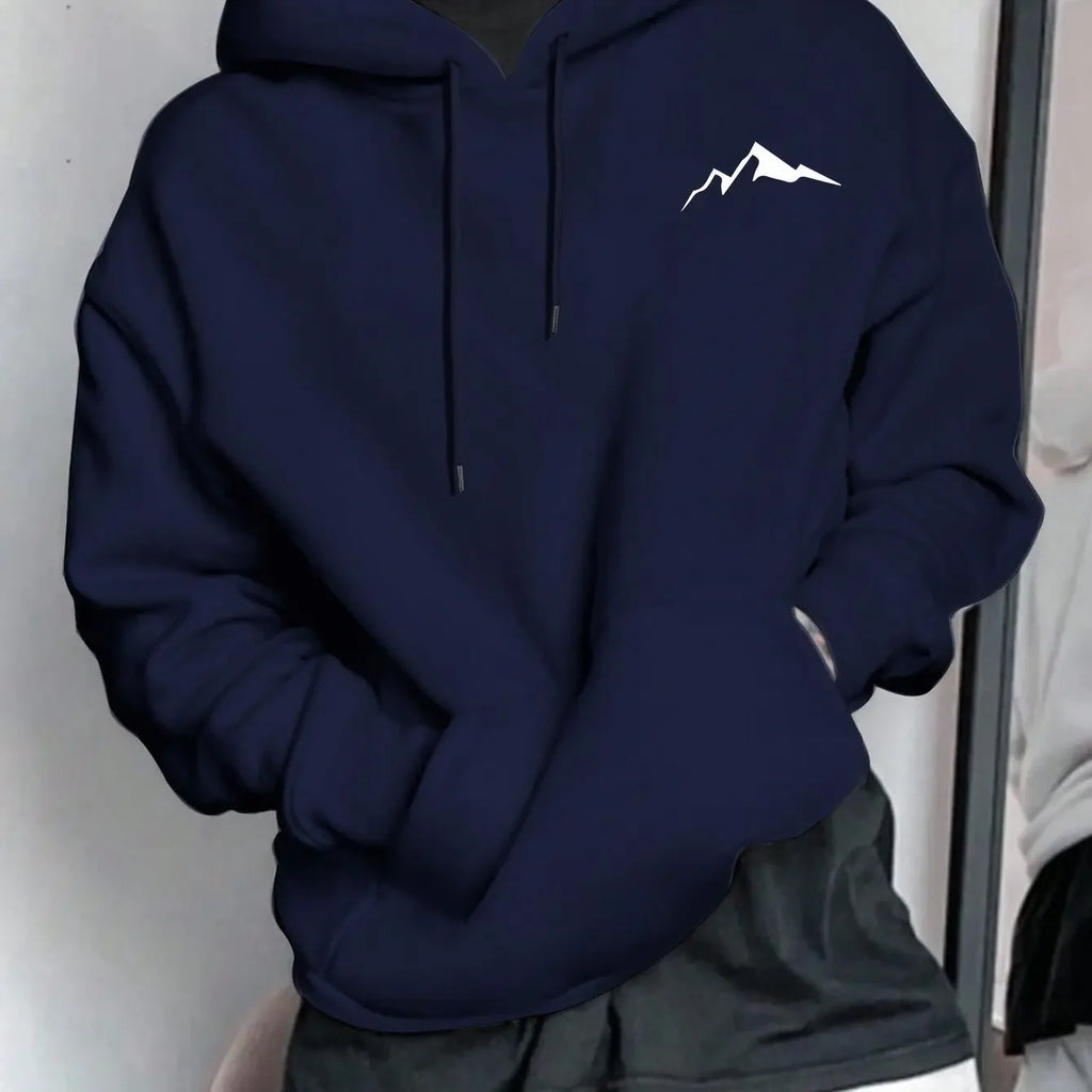 Sudadera con capucha de manga larga con estampado gráfico de montaña, informal, holgada, para hombre, de otoño e invierno, cálida.