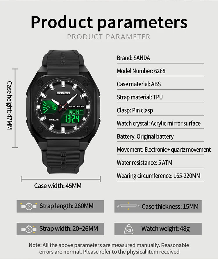 Reloj Digital Deportivo SANDA 6268 para Hombre Impermeable Multifunción
