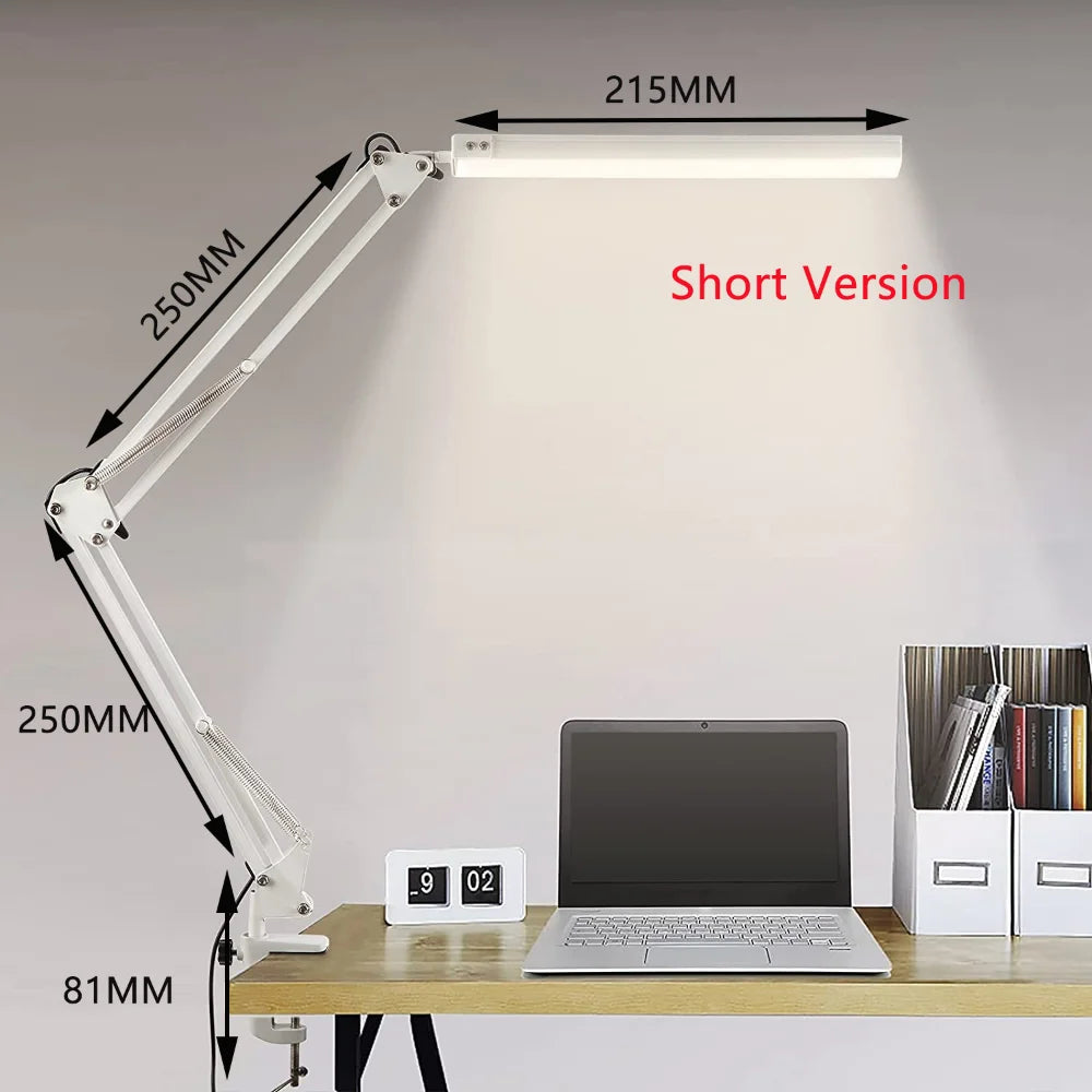 Lámpara de escritorio LED de 10W con abrazadera, brazo oscilante, luz de escritorio regulable para el cuidado de los ojos, 10 niveles de brillo, 3 modos de carga USB